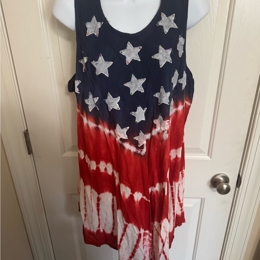Seven Islands Womens 1X Tie Dye Sleeveless Top Red White Blue Flag USA Stars NWT